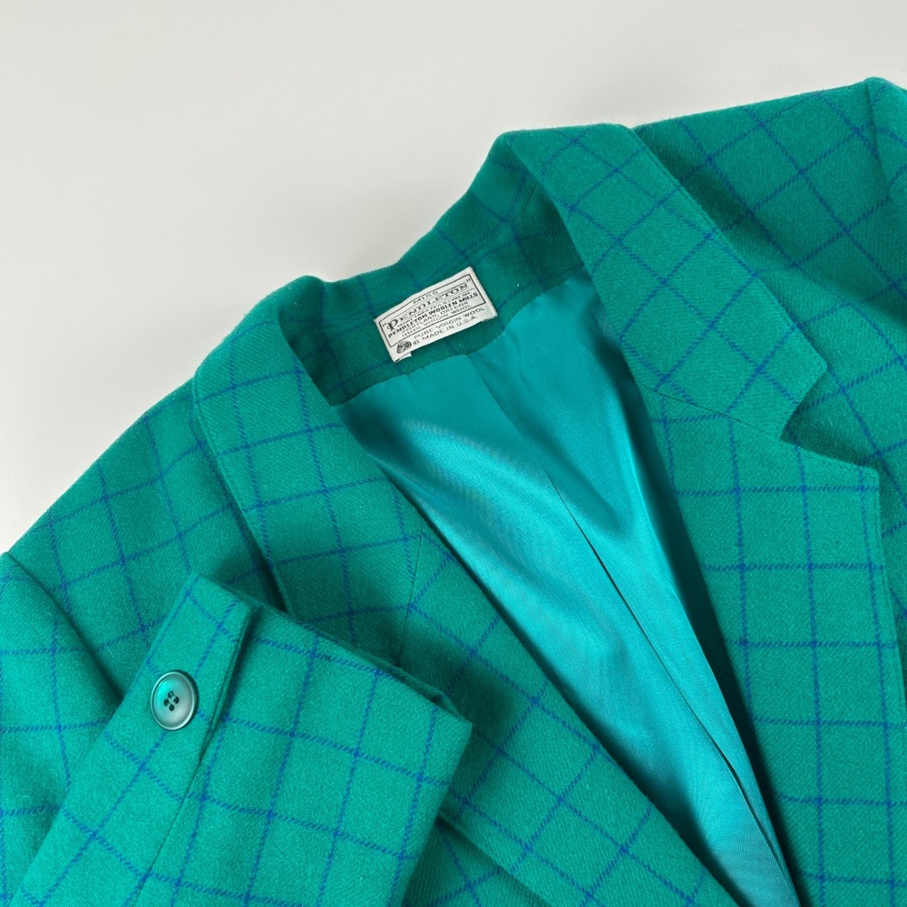 Pendleton WMNS 12 VTG Virgin Wool Blazer Green Blue Windowpane Plaid 12 USA Made